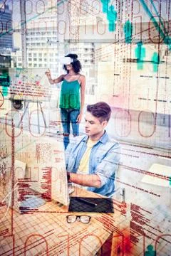 Composite image of binary codes and people icons Stock Photos