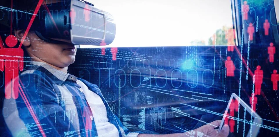 Composite image of binary codes and people icons 写真素材