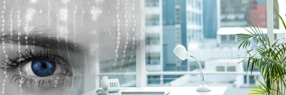 Composite image of binary coding data processing over close up of a female eye Foto stock