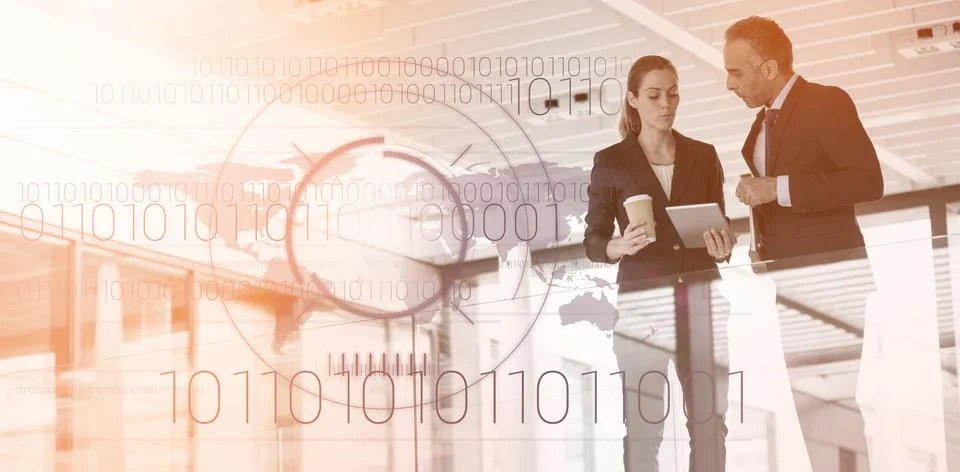 Composite image of binary coding over world map against black background 3d 库存照片