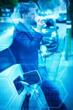 Composite image of black background with shiny hexagons 写真素材