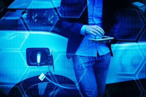 Composite image of black background with shiny hexagons 스톡 사진