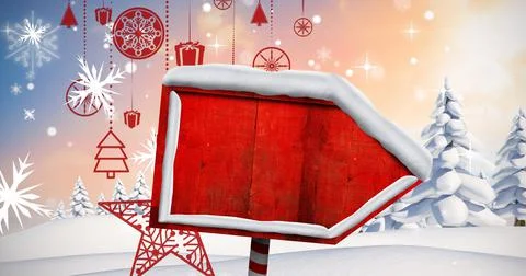 Composite image of blank red direction sign board with decoration and copy space Stock Photos