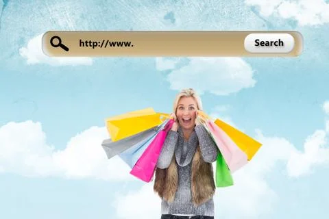 Composite image of blonde in winter clothes holding shopping bags Illustrazione stock