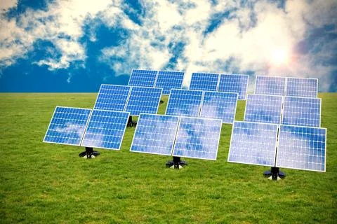 Composite image of blue 3d solar panel arranged in rows Stock Illustration