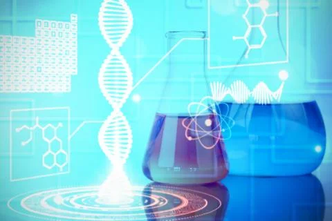 Composite image of blue and red beakers Stock Photos