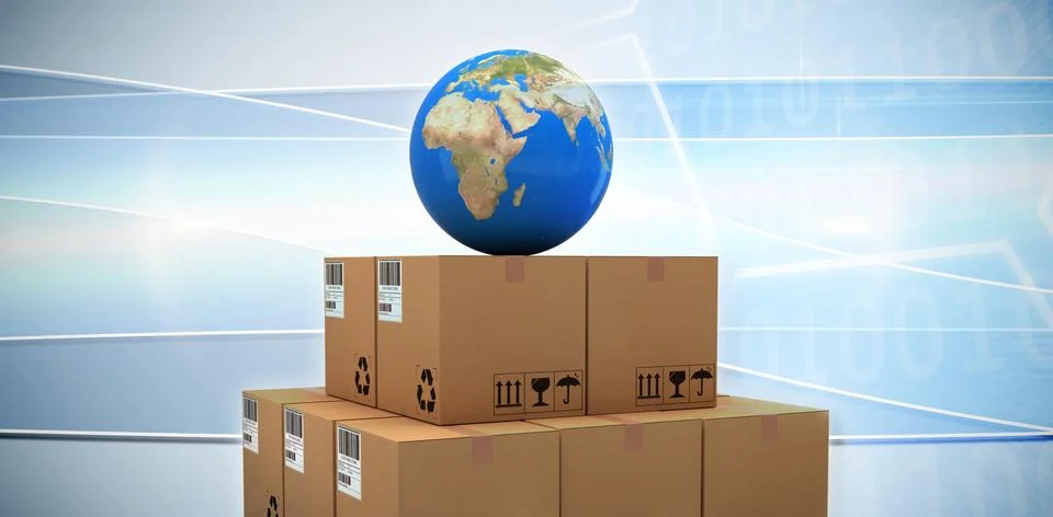 Composite image of blue globe on brown cardboard boxes Stock Illustration