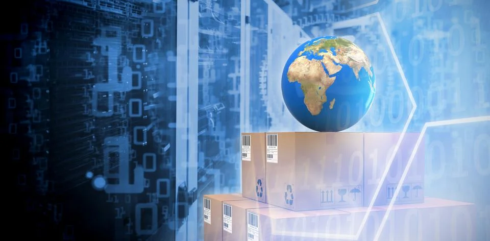 Composite image of blue globe on brown cardboard boxes Illustrazione stock