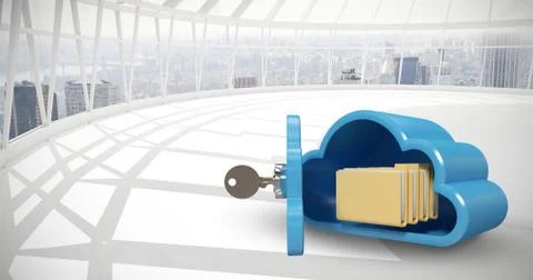 Composite image of blue locker in cloud shape with folders 3d イラスト素材