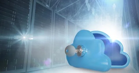 Composite image of blue locker in cloud shape with key 3d 库存插图