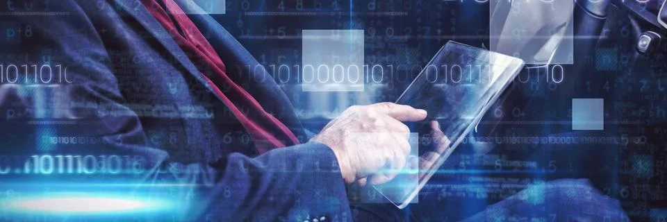 Composite image of blue technology design with binary code Foto stock