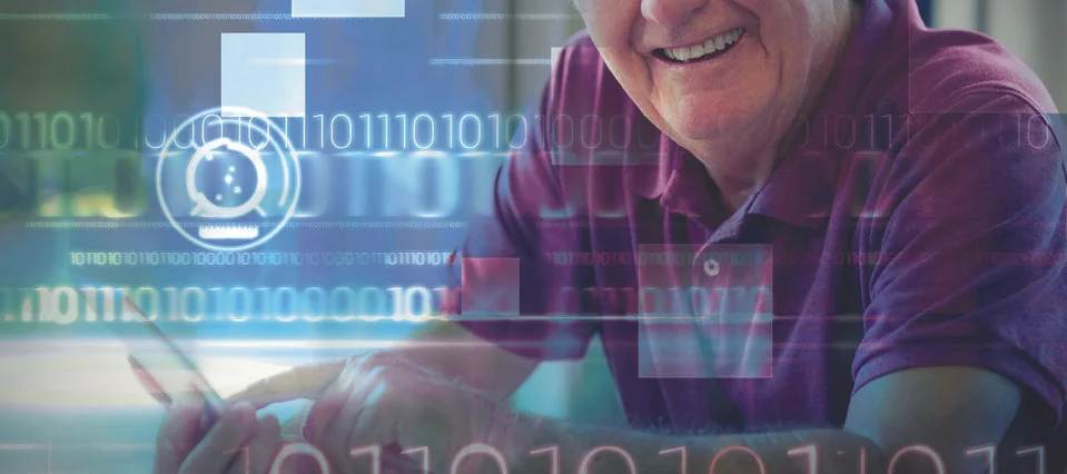 Composite image of blue technology design with binary code Foto stock