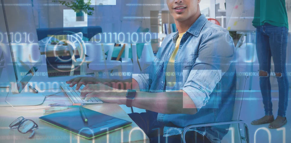 Composite image of blue technology design with binary code Foto stock