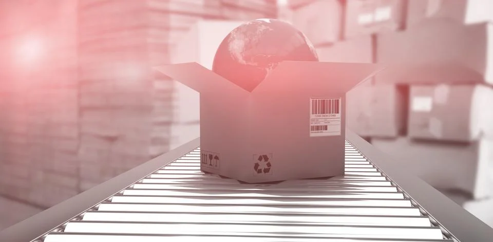 Composite image of box with globe on 3d conveyor belt Stock Photos