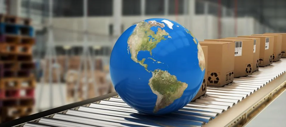 Composite image of boxes and blue globe on conveyor belt 스톡 사진