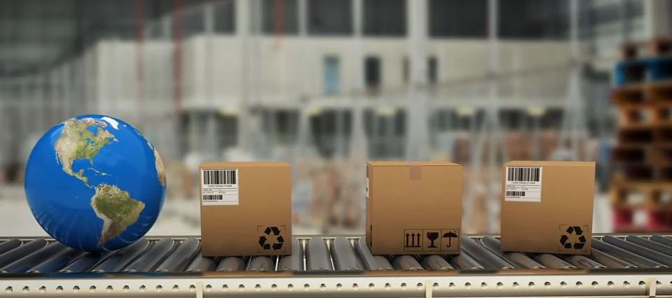 Composite image of boxes and globe on conveyor belt 스톡 사진