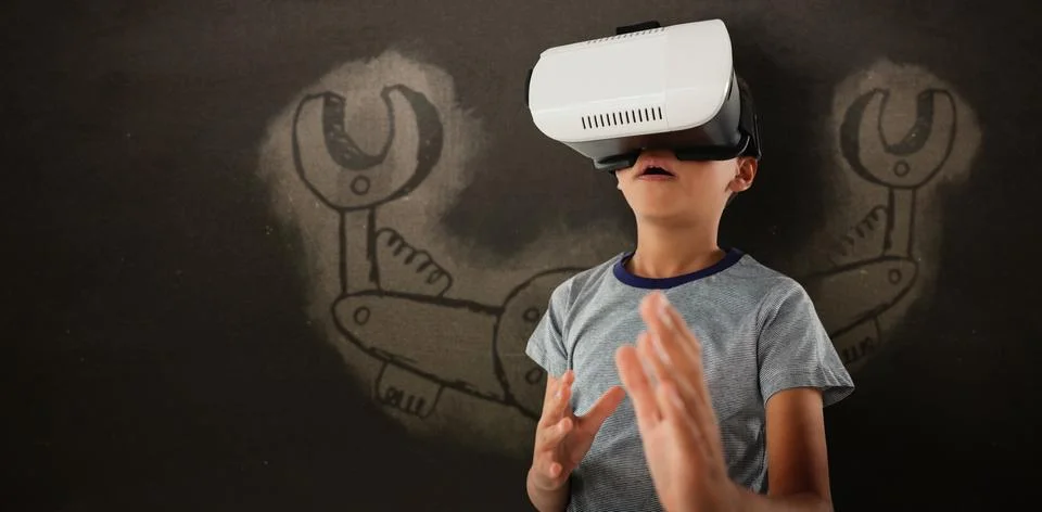 Composite image of boy gesturing while using virtual reality headset Fotos Stock