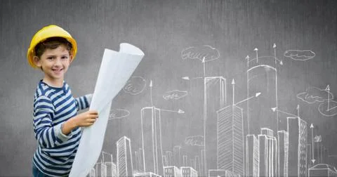 Composite image of boy in hard hat holding a plan Foto stock