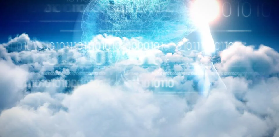 Composite image of brain interface in blue with binary code Stockfoto's