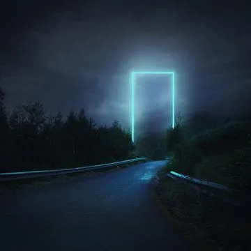Composite image. Bright rectangular portal standing in misty forest at night 스톡 사진