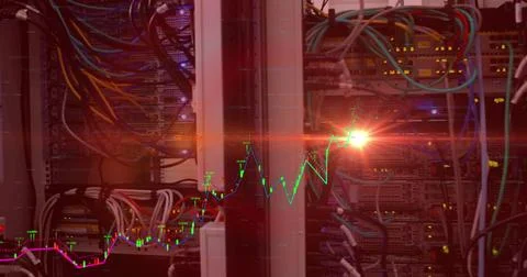 Composite image of bright spot of light and data processing against computer 스톡 사진