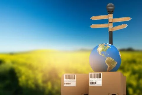 Composite image of brown cardboard boxes with globe by road sign Stock Photos