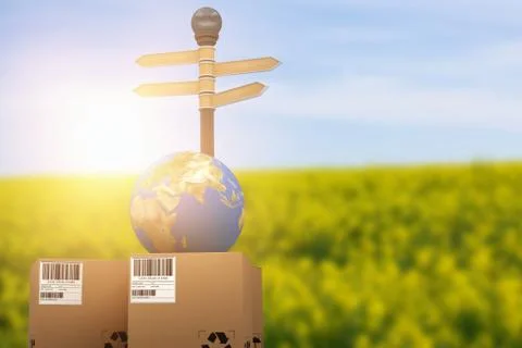 Composite image of brown cardboard boxes and globe by road sign Foto stock