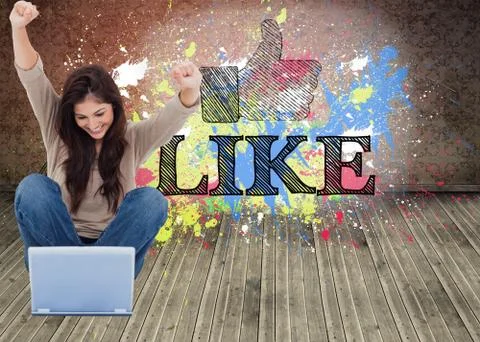 Composite image of brunette cheering while using laptop Stock Illustration