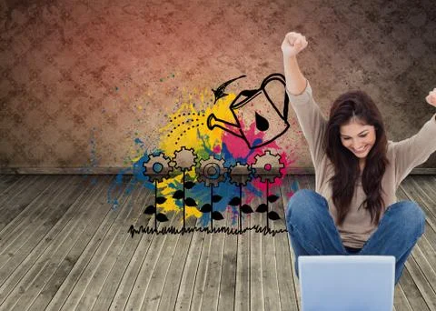 Composite image of brunette cheering while using laptop Stock Illustration