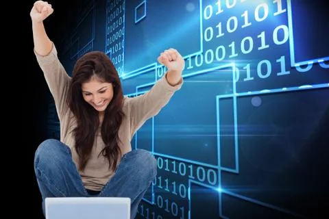 Composite image of brunette cheering while using laptop 스톡 일러스트