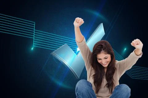 Composite image of brunette cheering while using laptop Stock Illustration