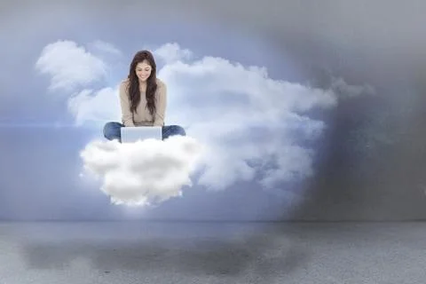 Composite image of brunette sitting on cloud using laptop Stock Illustration