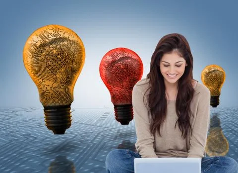 Composite image of brunette sitting on floor using laptop Stock Illustration
