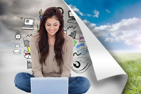 Composite image of brunette sitting on floor using laptop Stock Illustration