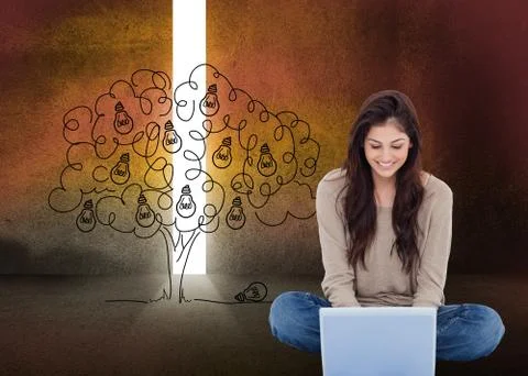 Composite image of brunette sitting on floor using laptop Illustrazione stock