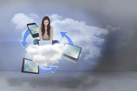 Composite image of brunette sitting on floor using laptop 库存插图