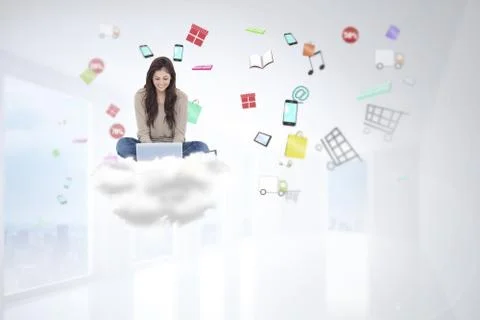 Composite image of brunette sitting on floor using laptop Stock Illustration