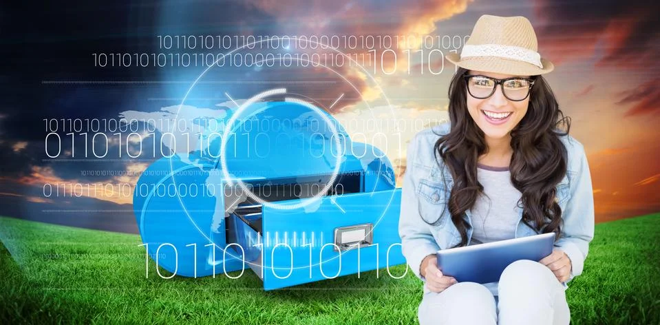 Composite image of brunette with tablet pc Illustrazione stock