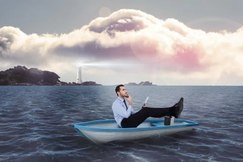 Composite image of businessman in boat with tablet pc Illustrazione stock