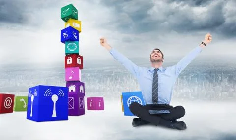 Composite image of businessman cheering with tablet sitting on floor Ilustración de archivo