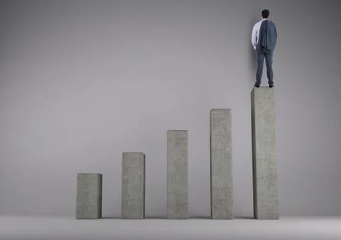 Composite image of Businessman on graph posts against grey background Stock Photos