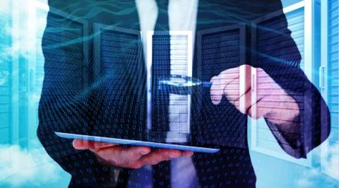 Composite image of businessman looking at his tablet through magnifying glass Stock Illustration