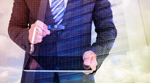 Composite image of businessman looking at tablet with magnifying glass Stock Illustration