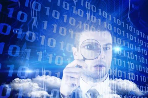 Composite image of businessman looking through magnifying glass Stock Illustration