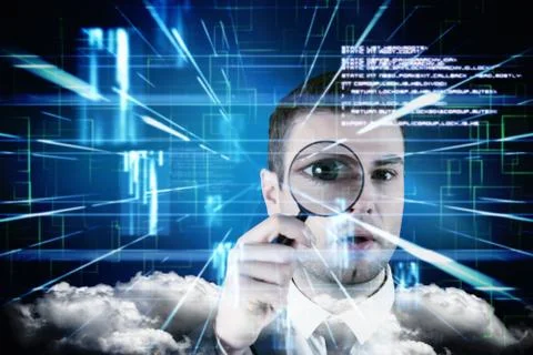 Composite image of businessman looking through magnifying glass 스톡 일러스트