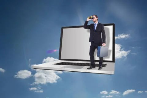 Composite image of businessman looking through binoculars holding briefcase Illustrazione stock