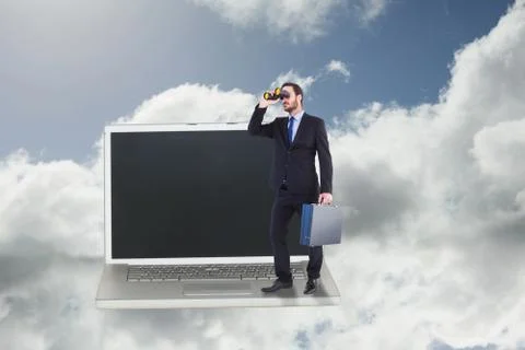 Composite image of businessman looking through binoculars holding briefcase Illustrazione stock