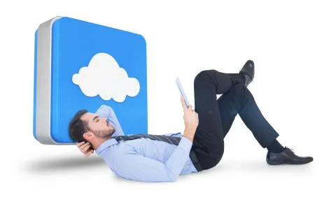 Composite image of businessman lying on floor using tablet Stock Illustration