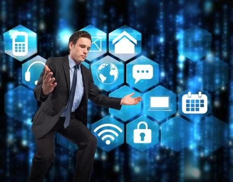 Composite image of businessman posing with arms outstretched Illustrazione stock