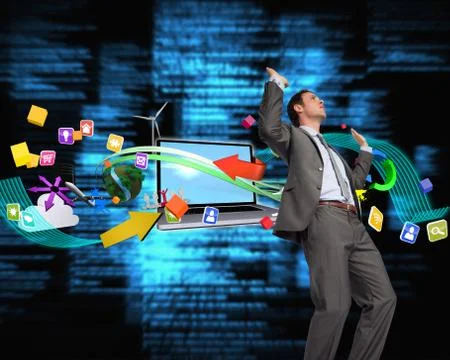 Composite image of businessman posing with hands up Illustrazione stock